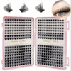 A set of black bulk cluster eyelash extensions and styling tools for DIY makeup application.