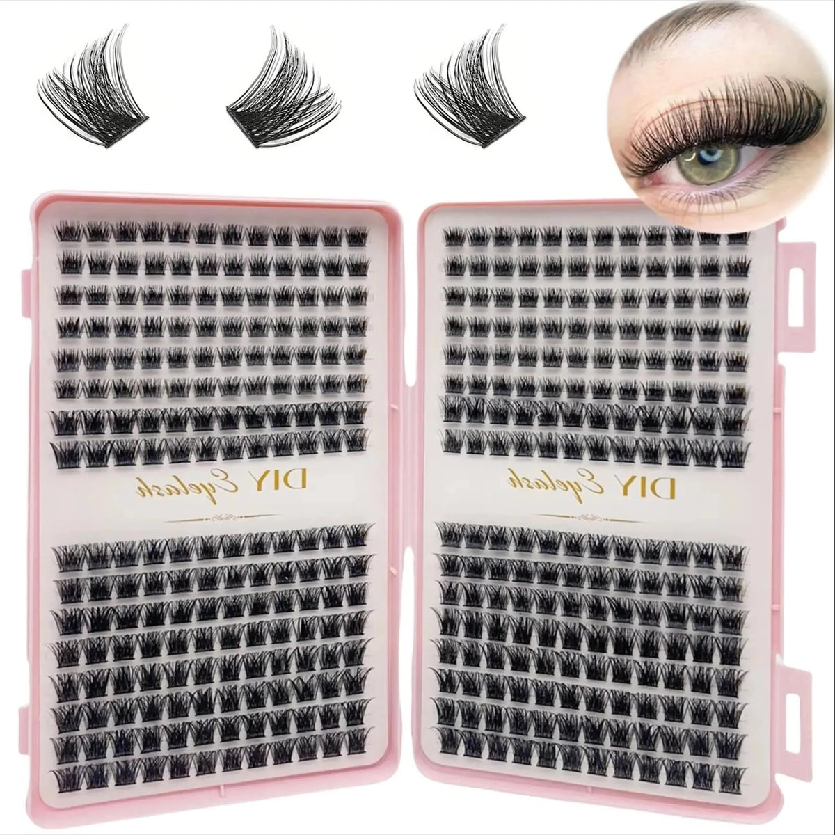 A set of black bulk cluster eyelash extensions and styling tools for DIY makeup application.