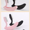 Un set de peignes pliables en acier inoxydable rose et noir pour cils et sourcils, montrés sous différents angles.