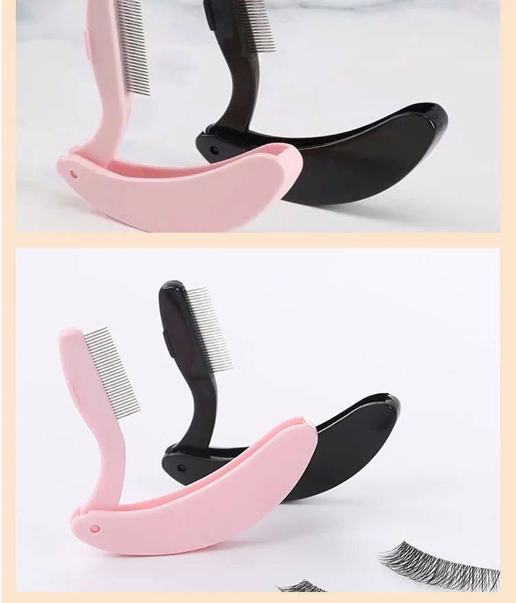 Un set de peignes pliables en acier inoxydable rose et noir pour cils et sourcils, montrés sous différents angles.