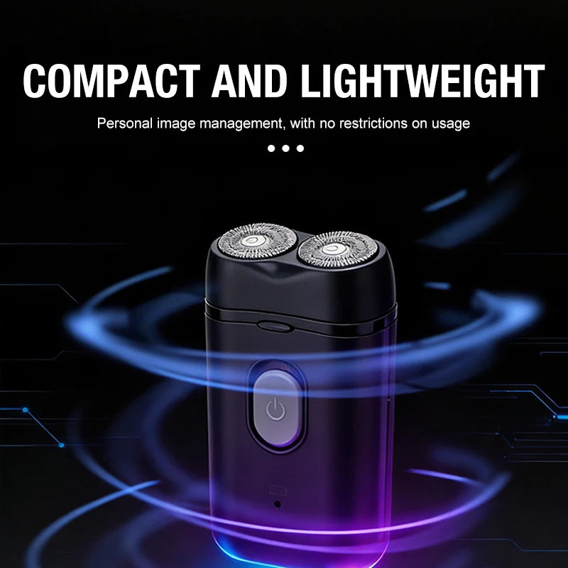 A compact, black electric portable double-head shaver with a purple light glow on a dark background.