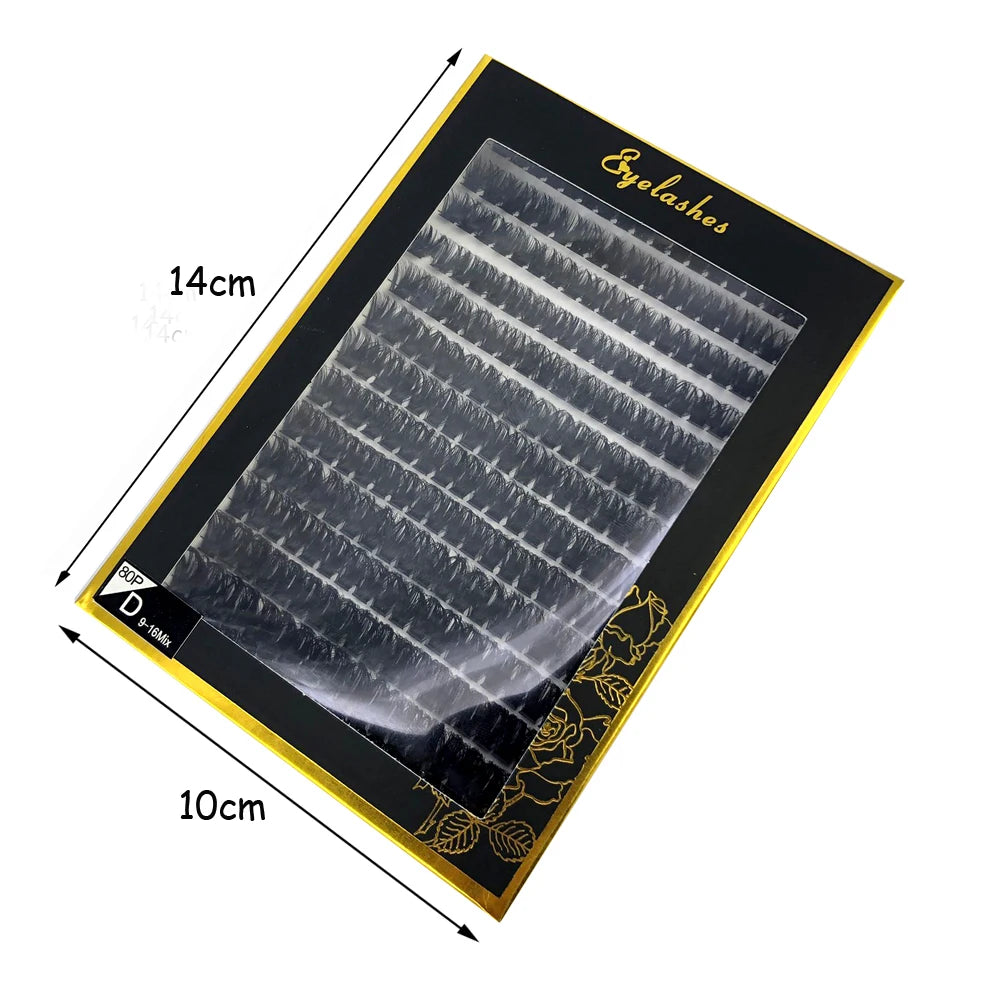 A rectangular tray of mixed false eyelashes is shown with dimensions 14cm by 10cm.
