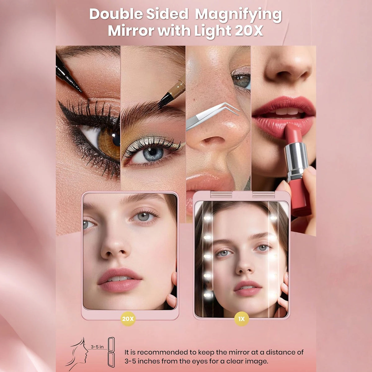 Miroir de maquillage double face avec lumière pour des gros plans des yeux, des lèvres et de la peau.