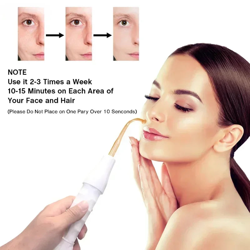 A woman is using a wand-like device on her face and hair for facial rejuvenation treatment.