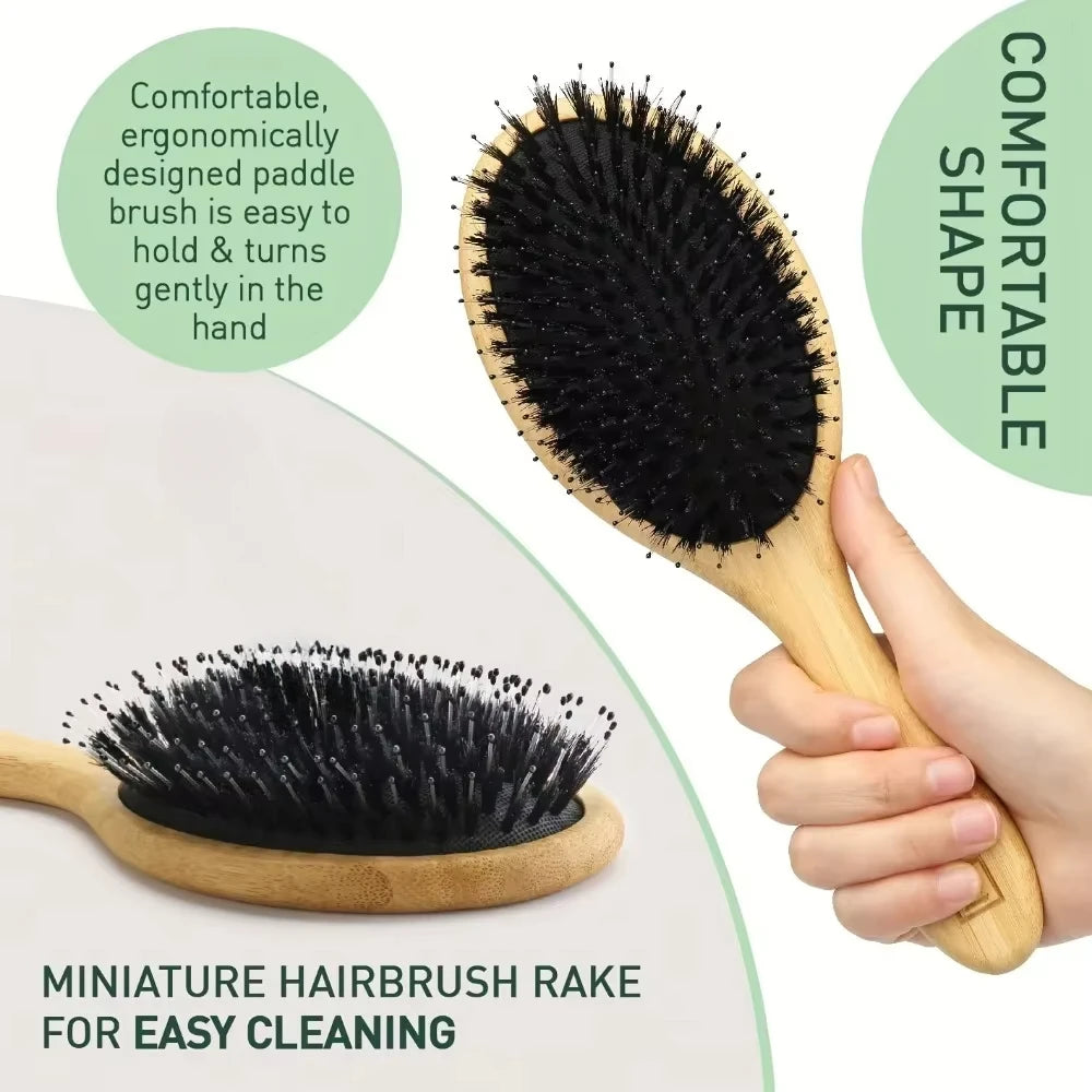 A wooden hair brush rake with black boar bristles is shown being held, demonstrating its comfortable shape for easy cleaning.