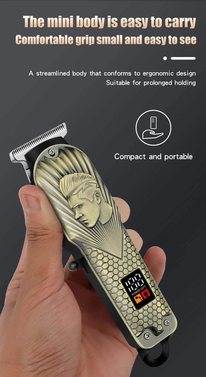 A hand holds a gold-toned electric hair clipper with a textured grip and a digital power indicator.