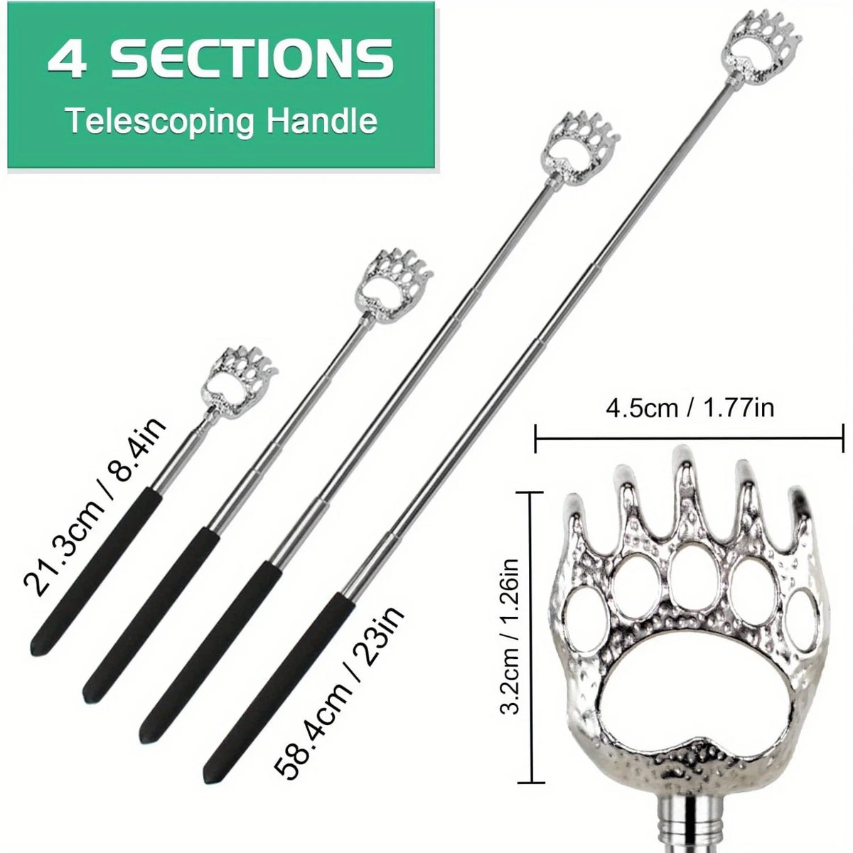 A set of four stainless steel telescopic back scratchers with a detachable handle shown against a white background.