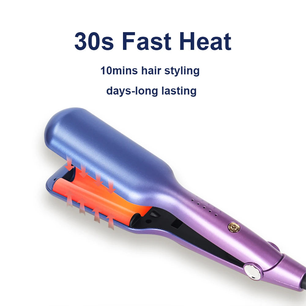 A purple ceramic hair waver is shown, demonstrating 30s fast heat for 10 minutes of styling.