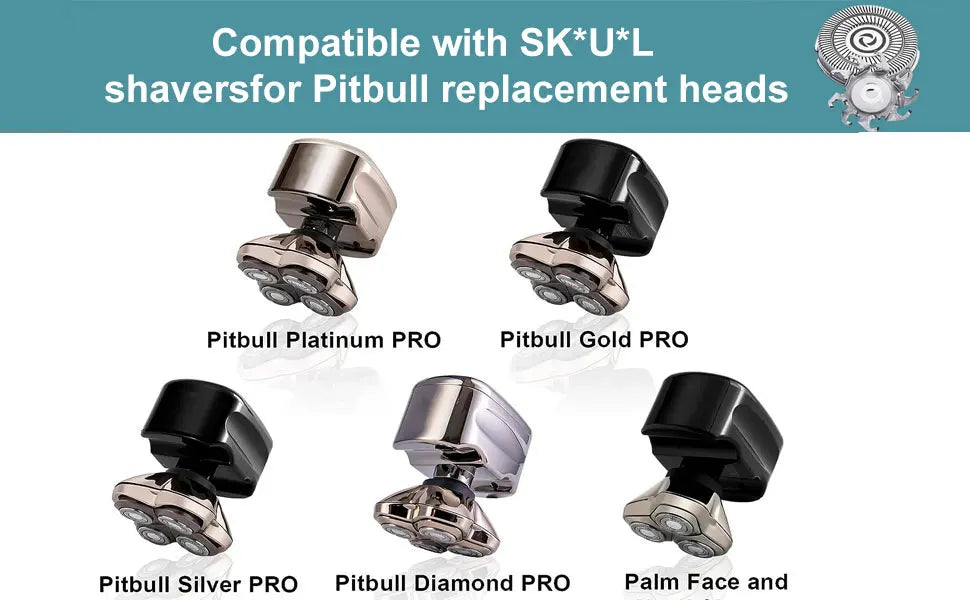 A collection of replacement shaver heads including Platinum, Gold, Silver, Diamond, and Palm Face heads.