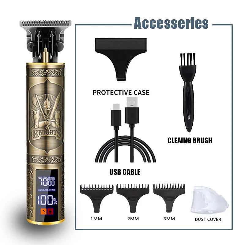 A professional electric hair trimmer with accessories including a protective case, USB cable, cleaning brush, and various siz