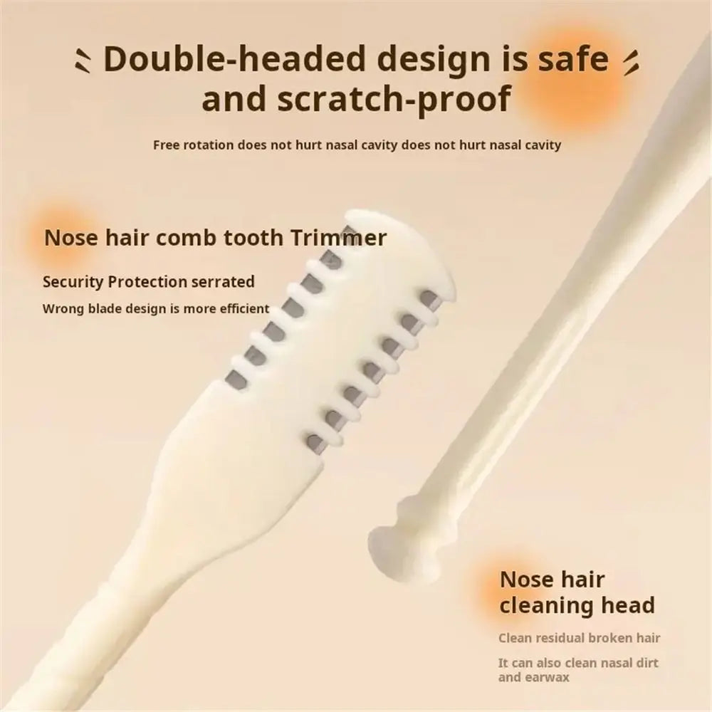 A white nose hair comb tooth trimmer is shown next to a cleaning head, highlighting its safe and scratch-proof design.