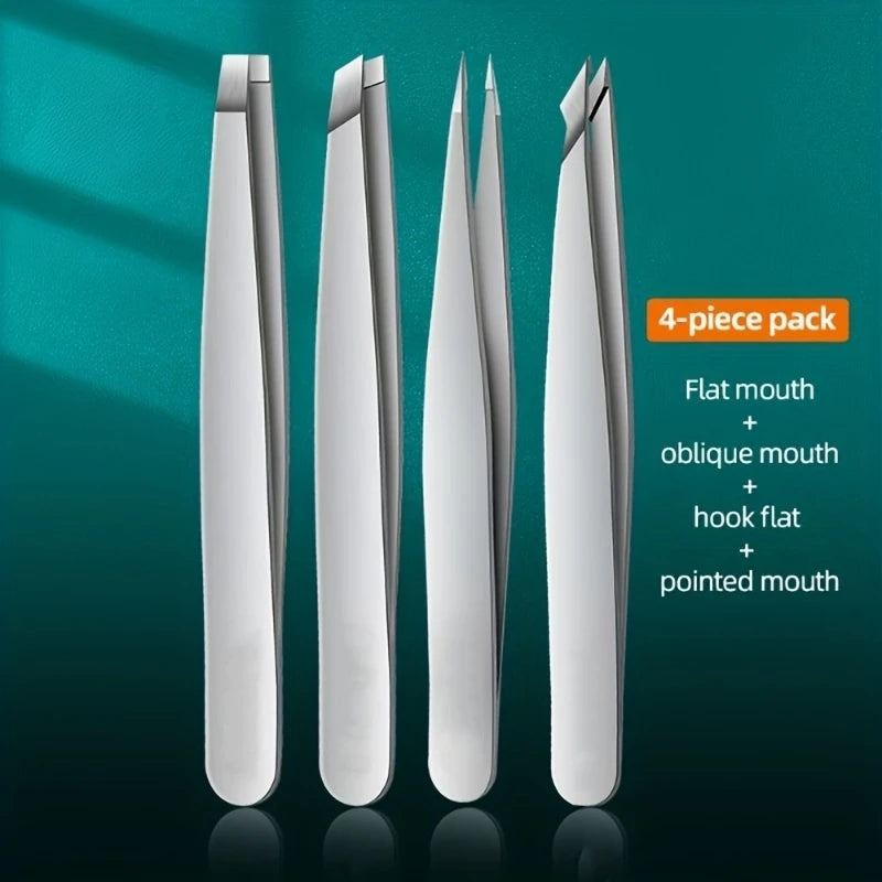 Precision Stainless Steel Eyebrow Tweezers Set (4 Pcs)