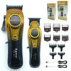 A set of Kemei professional dual-speed hair clippers and attachments displayed on a white background.