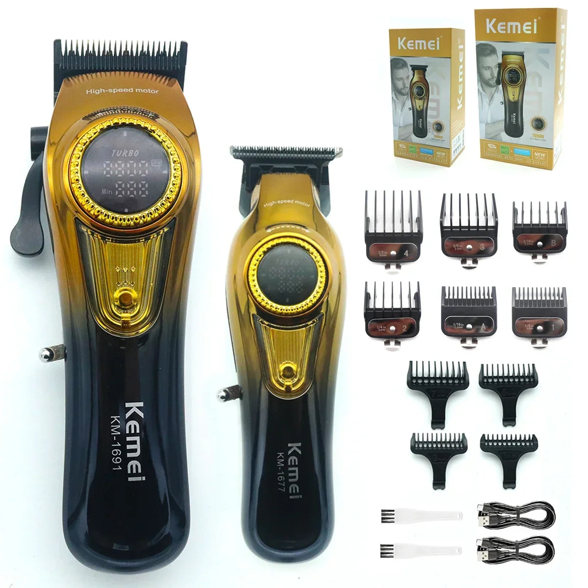 A set of Kemei professional dual-speed hair clippers and attachments displayed on a white background.