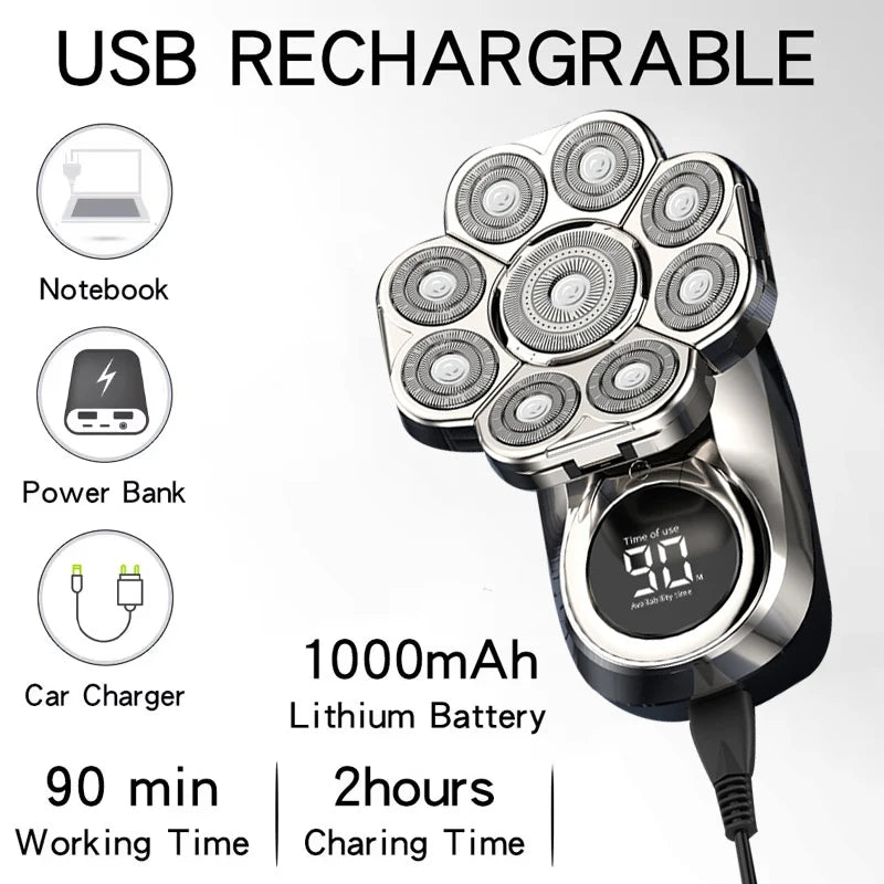 A silver USB rechargeable power bank with multiple charging ports and a black battery, showing usage time and charging time.