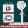 Silver set featuring a 5-speed shower head, 1.5m hose, and a percolation-free bracket.