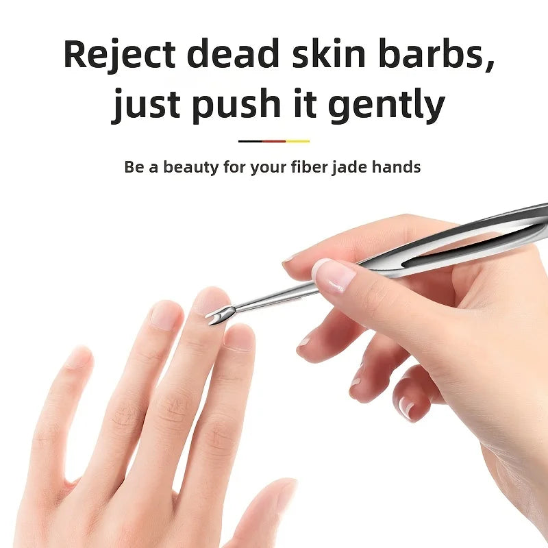 A hand gently pushes dead skin barbs from a finger using a professional stainless steel cuticle pusher.