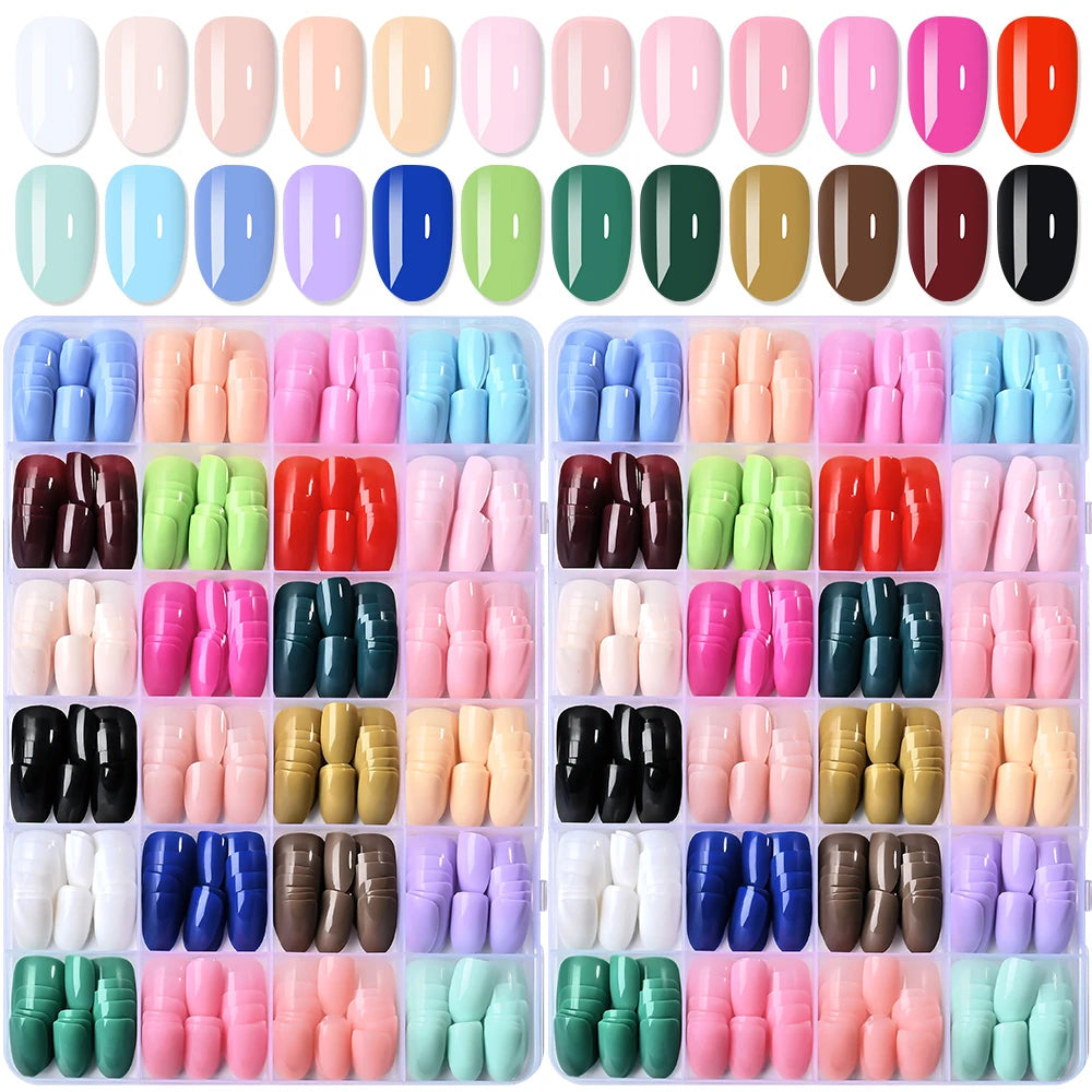 A large collection of oval press-on nails in 24 shades displayed in various colors and arrangements.