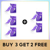 Pack of natural teeth whitening strips shown in various angles and packaging with a buy 3 get 2 free promotion.