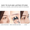 Stainless steel eyelash curler shown in three stages: clean eyelashes, gently gathered and pressed, and done.