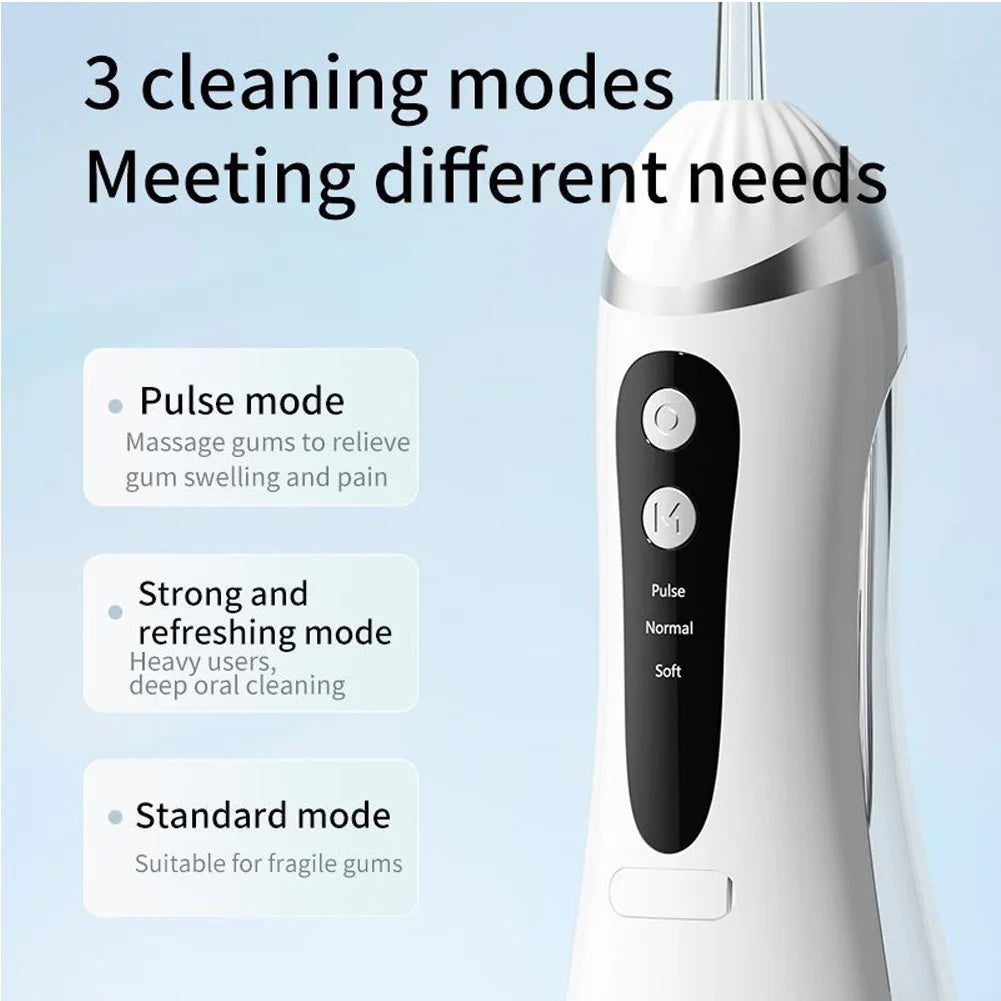 A white professional rechargeable oral irrigator device with a black body and a mouthpiece, shown next to cleaning mode descr