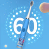 A blue electric toothbrush with a purple elephant design is shown against a light blue background surrounded by white dots.