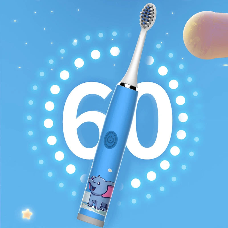 A blue electric toothbrush with a purple elephant design is shown against a light blue background surrounded by white dots.