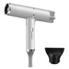 A silver professional infrared blow dryer with a textured nozzle and a black diffuser attachment.