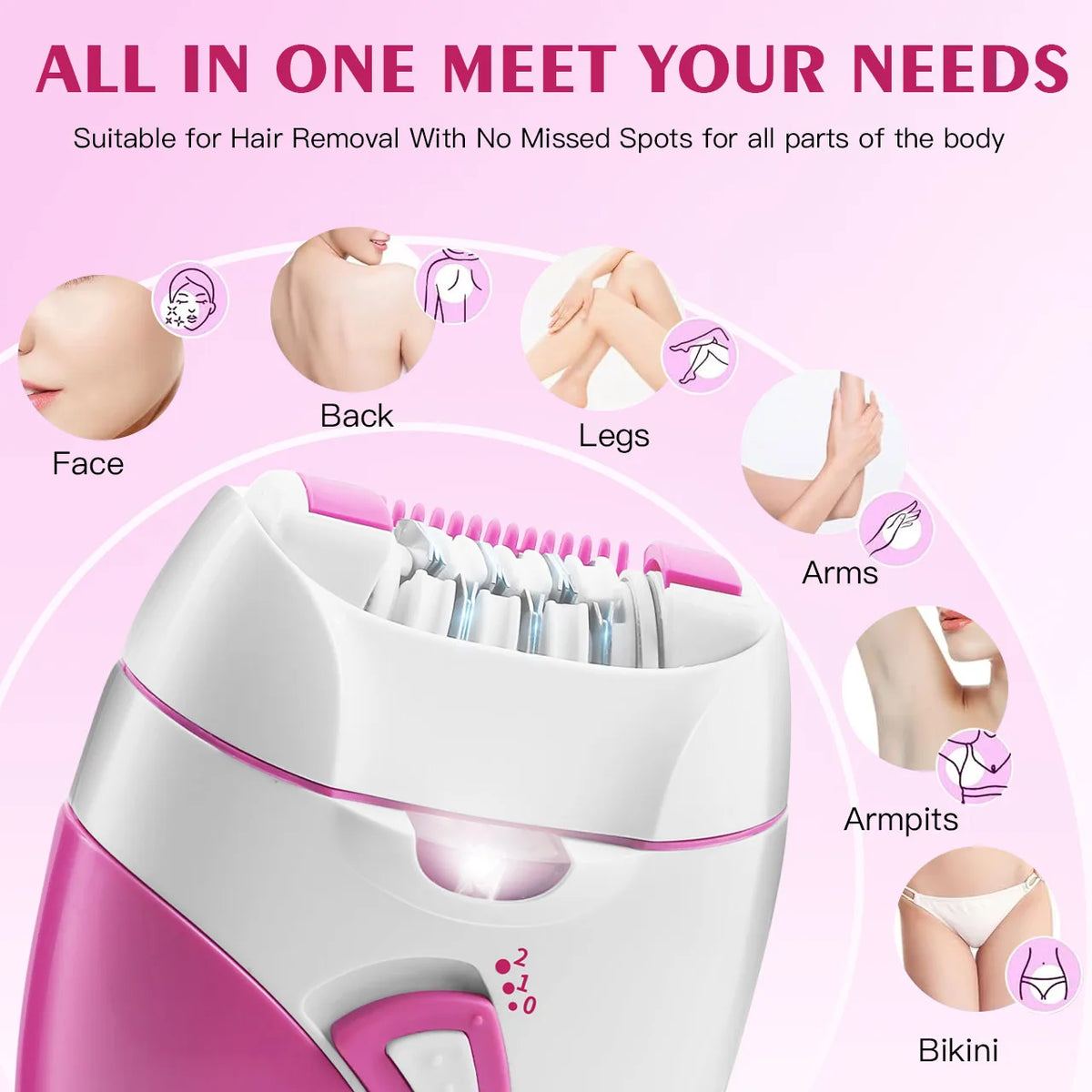 A pink electric hair removal epilator device shown with various body parts demonstrating its use for hair removal.