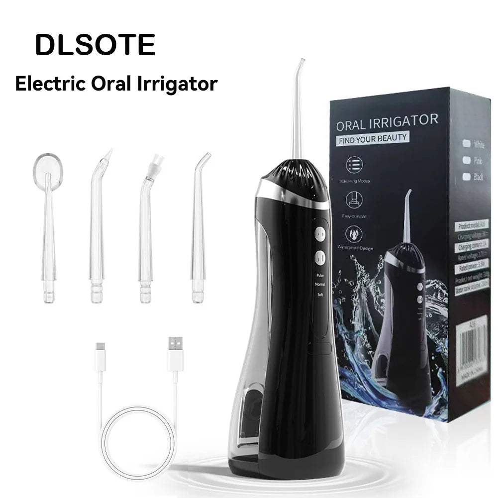 A black electric oral irrigator device with a detachable tip and charging cable is shown on a white background.