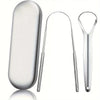 A set of stainless steel tongue scrapers for oral hygiene, including a flat scraper and a curved scraper.