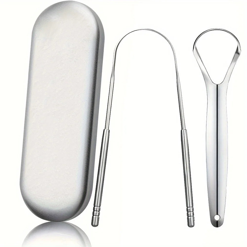 A set of stainless steel tongue scrapers for oral hygiene, including a flat scraper and a curved scraper.