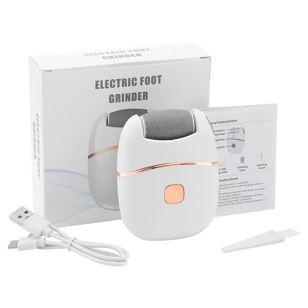 A white electric foot grinder device and its packaging box are shown with an accompanying charging cable.