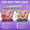 A silver single handle tongue scraper is shown next to images demonstrating the benefits of fresh breath and cleaning the ton