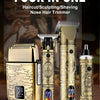 A four-in-one grooming kit featuring a gold-colored nose hair trimmer, sculpting tool, and shaving device.