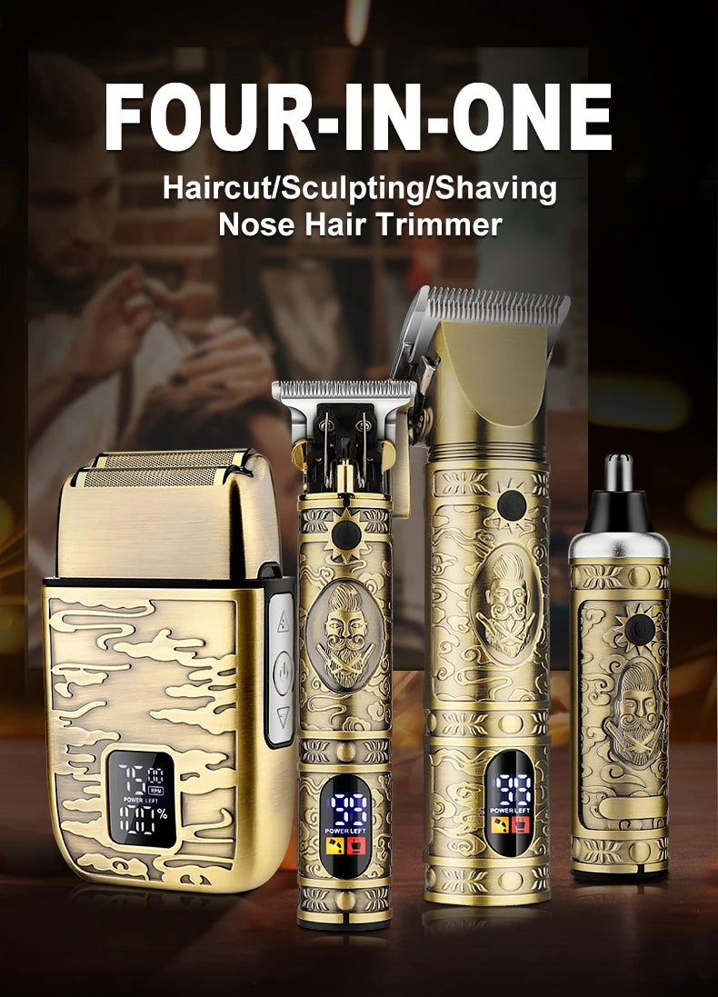 A four-in-one grooming kit featuring a gold-colored nose hair trimmer, sculpting tool, and shaving device.