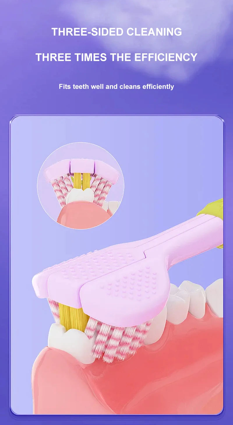 Une brosse à dents rose inclinée nettoie les dents, illustrant un nettoyage en trois côtés pour un soin dentaire efficace.