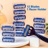 A clear plastic razor holder containing twelve blue and silver blades for hair removal.