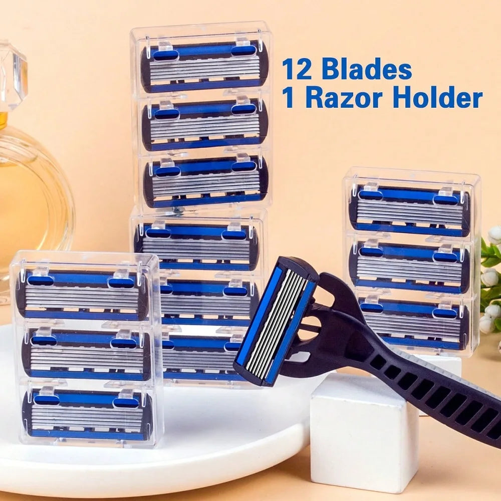 A clear plastic razor holder containing twelve blue and silver blades for hair removal.