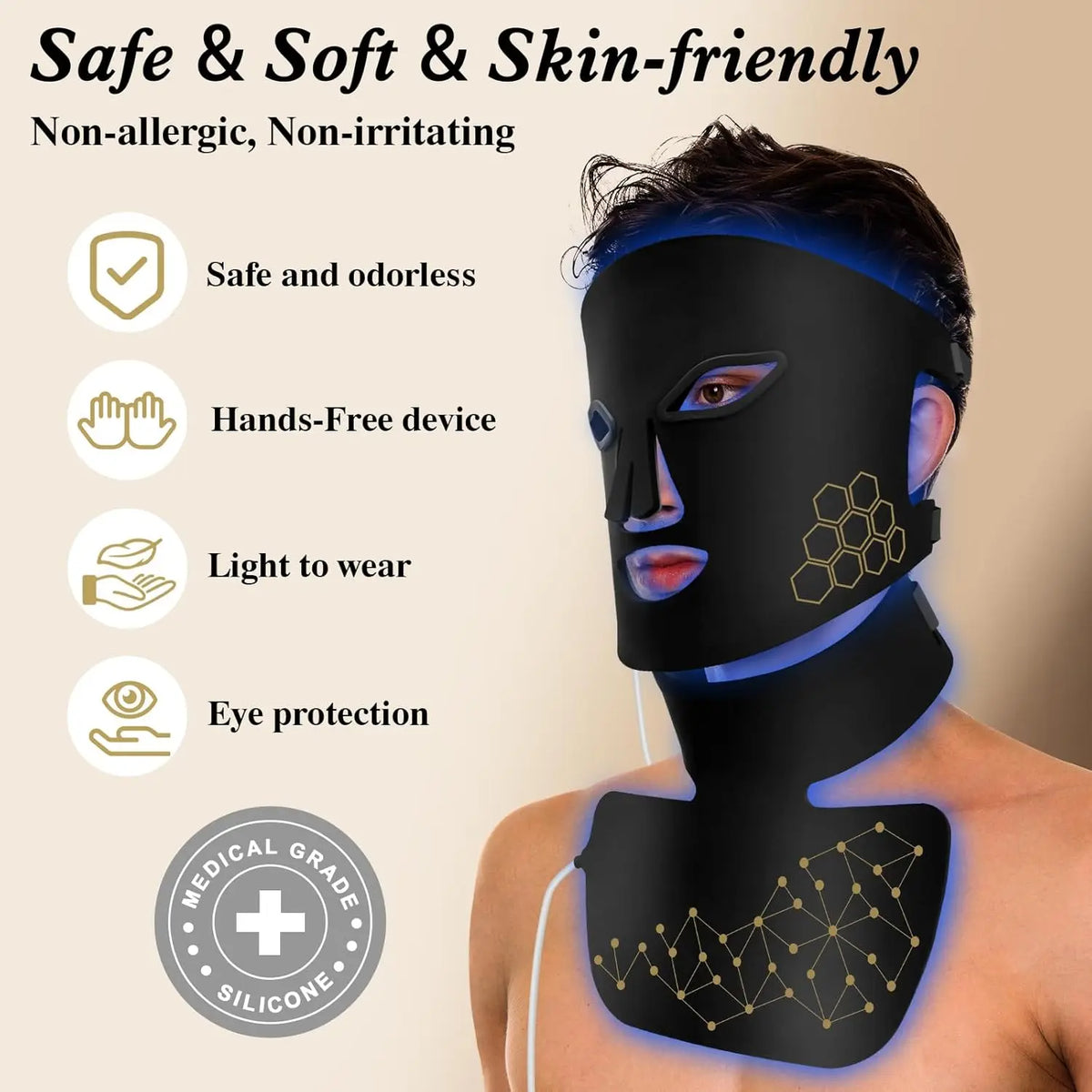 A person is wearing a black silicone mask for light therapy, demonstrating its safe and skin-friendly features.