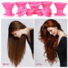 A set of pink heatless silicone curling hair tools shown with before and after results on hair.