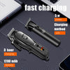 A black electric hair trimmer with a battery and charging cable is shown on a dark surface, highlighting fast charging featur