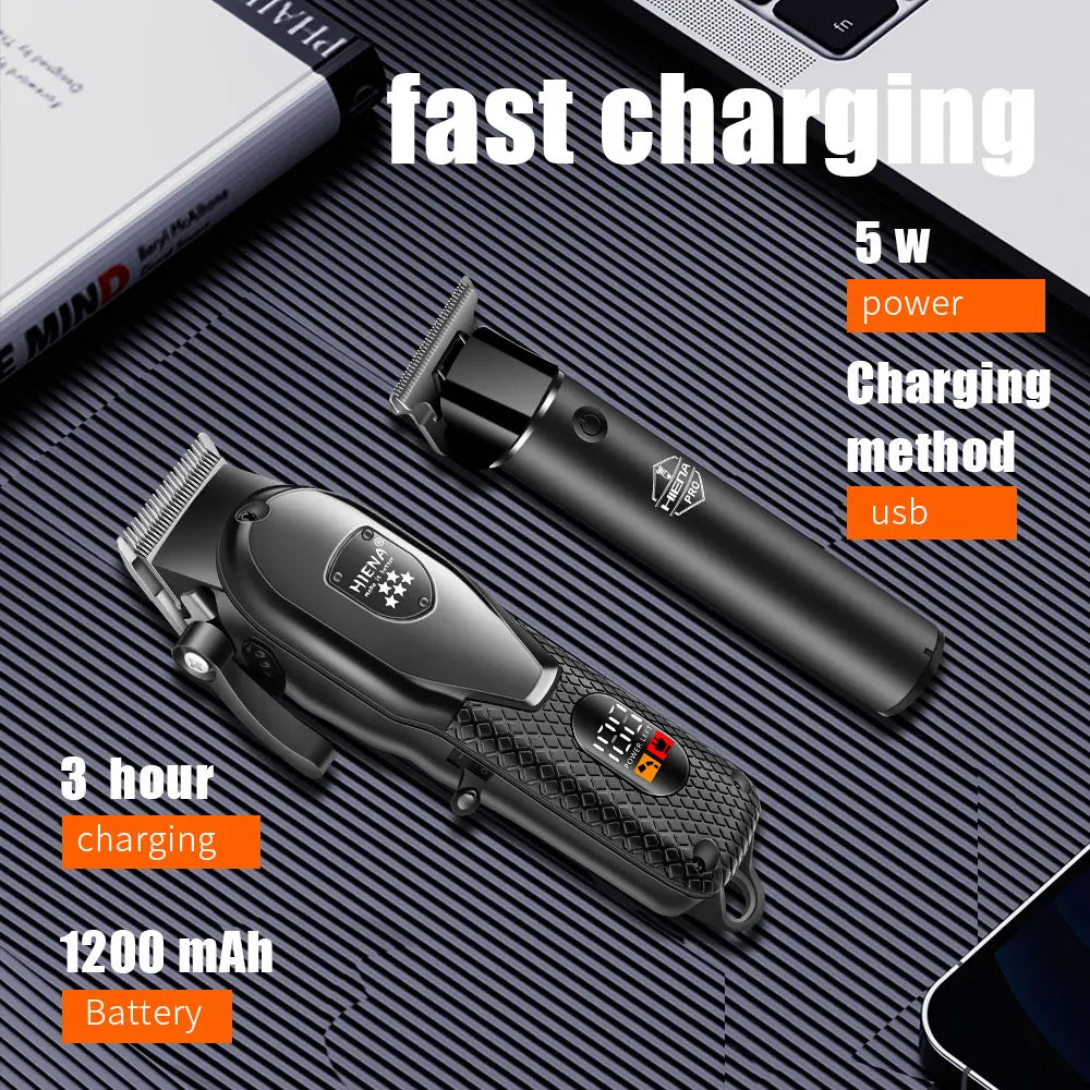 A black electric hair trimmer with a battery and charging cable is shown on a dark surface, highlighting fast charging featur