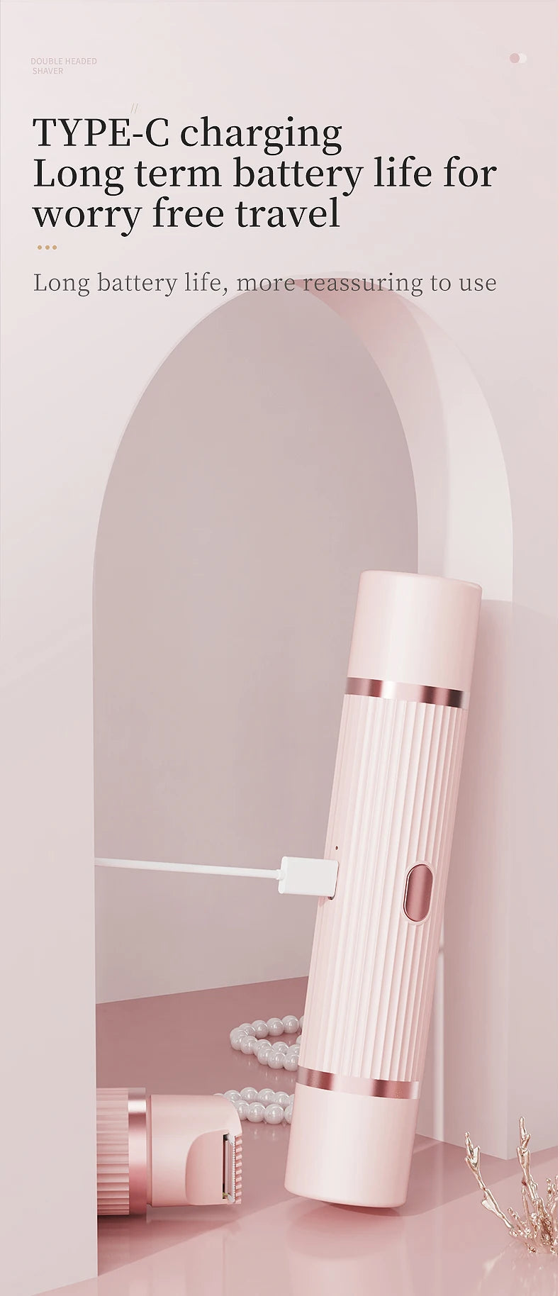 A pink electric body and hair removal razor is shown standing in a white arched doorway.