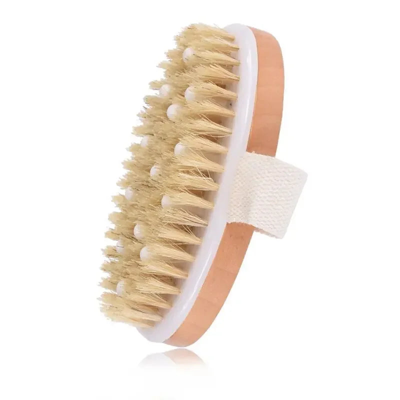 A natural wooden body brush with light beige bristles and a white handle is shown.