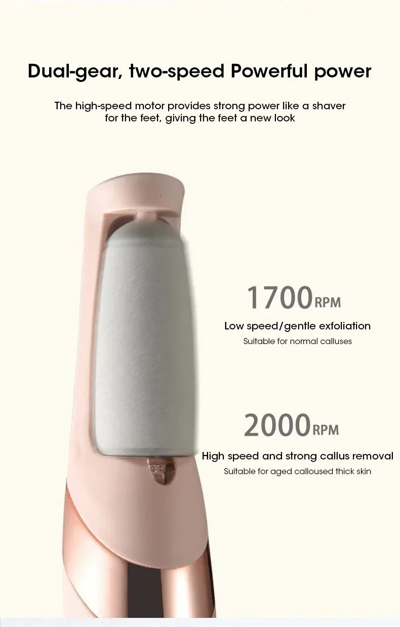 A pink automatic electric foot grinder with a silver head, showing two speed settings for callus removal.
