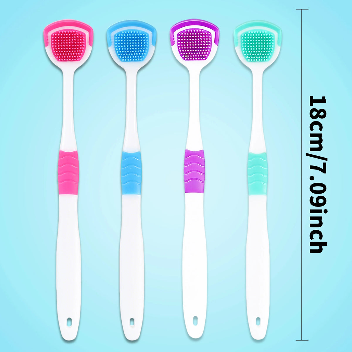 Four reusable tongue scrapers in pink, blue, purple, and teal colors shown vertically.