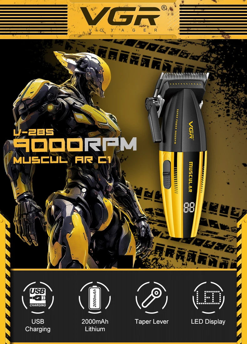 A yellow and black professional electric hair clipper with a VGR logo is shown next to its charging and feature icons.