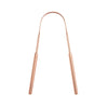 A slender, rose gold reusable stainless steel tongue scraper for oral hygiene.