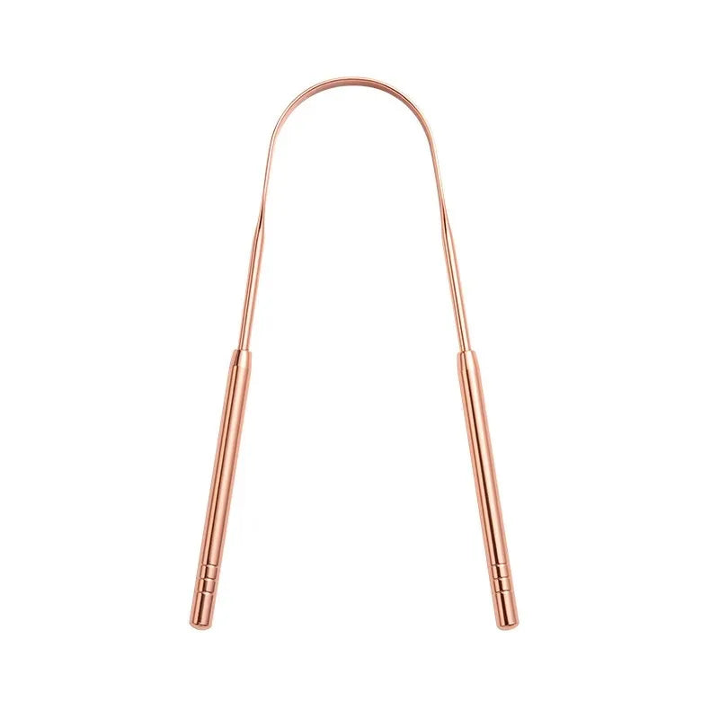 A slender, rose gold reusable stainless steel tongue scraper for oral hygiene.